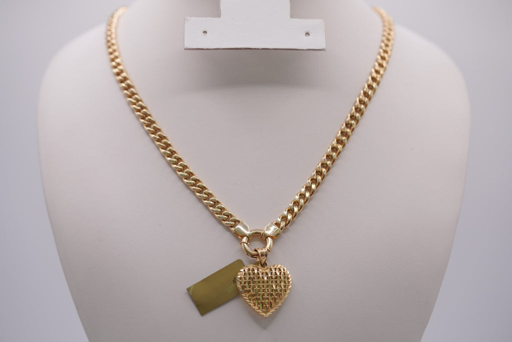 14K Gold Curb Chain Necklace with Woven Heart Pendant
