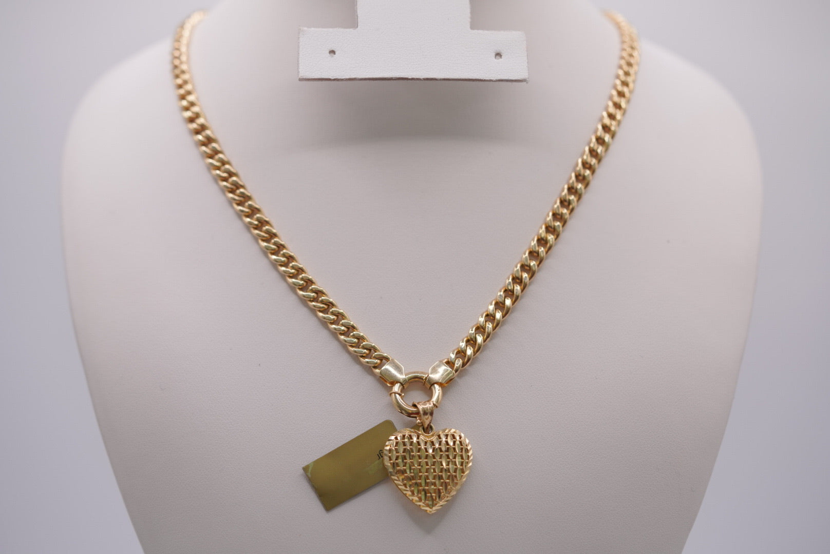 14K Gold Curb Chain Necklace with Woven Heart Pendant