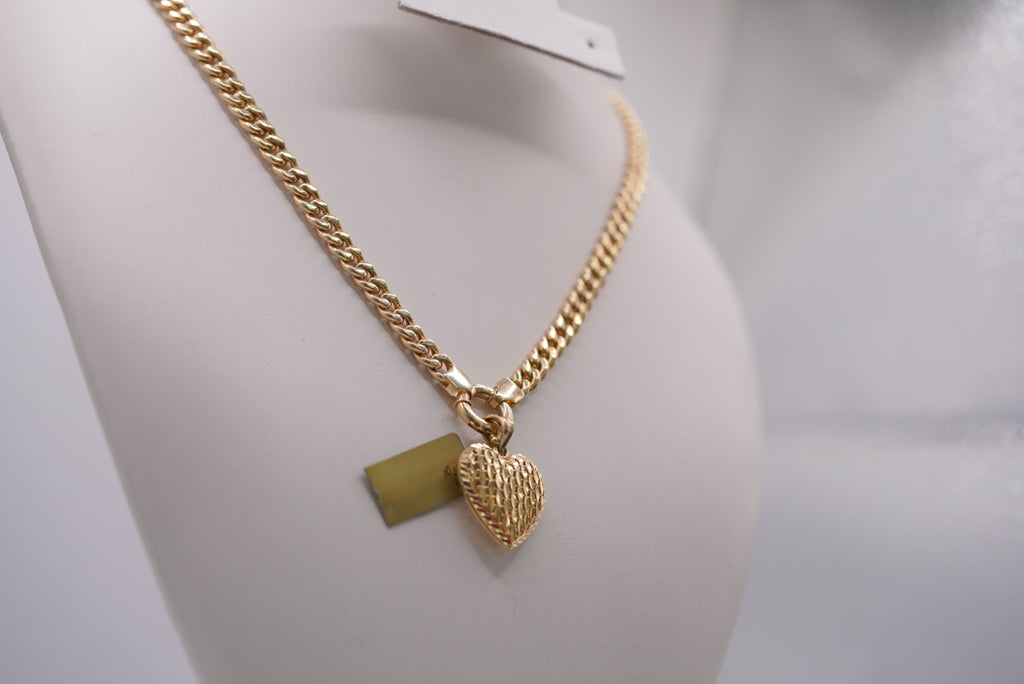 14K Gold Curb Chain Necklace with Woven Heart Pendant