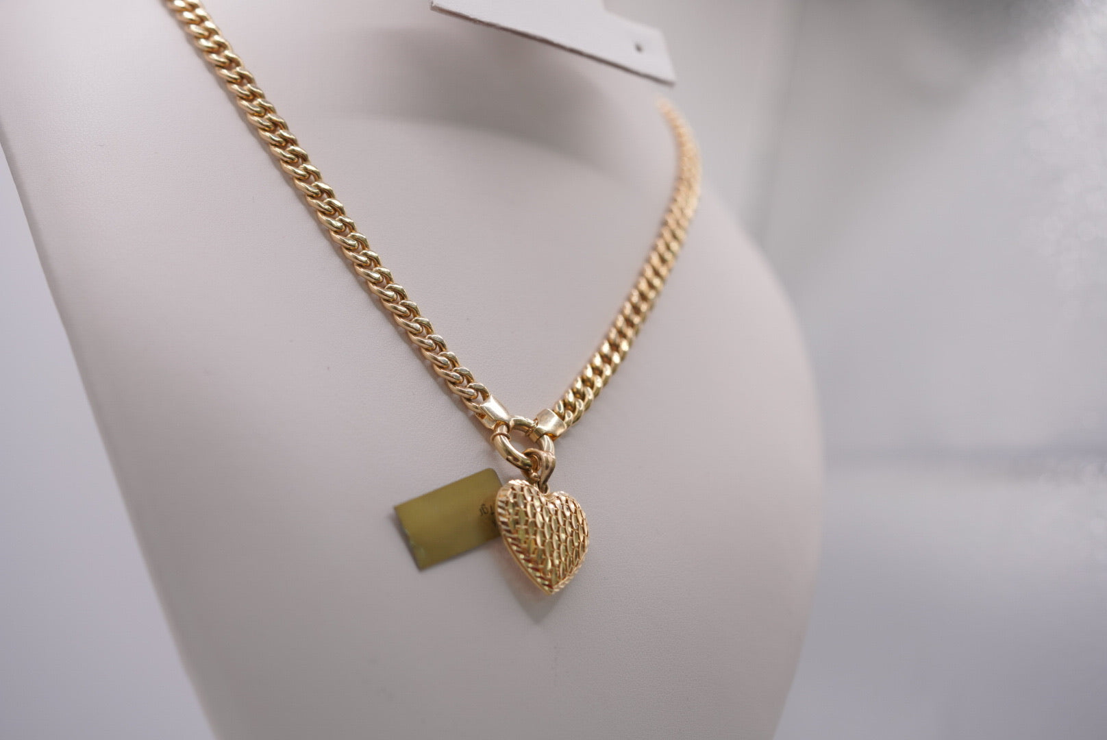14K Gold Curb Chain Necklace with Woven Heart Pendant