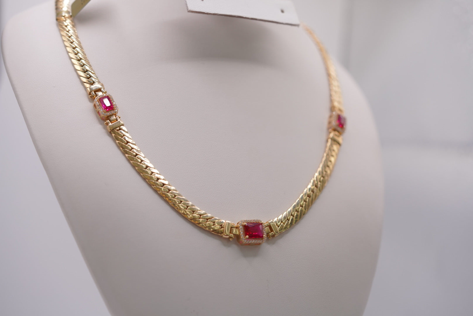 14K Gold Herringbone Statement Necklace with Vivid Gem Accents