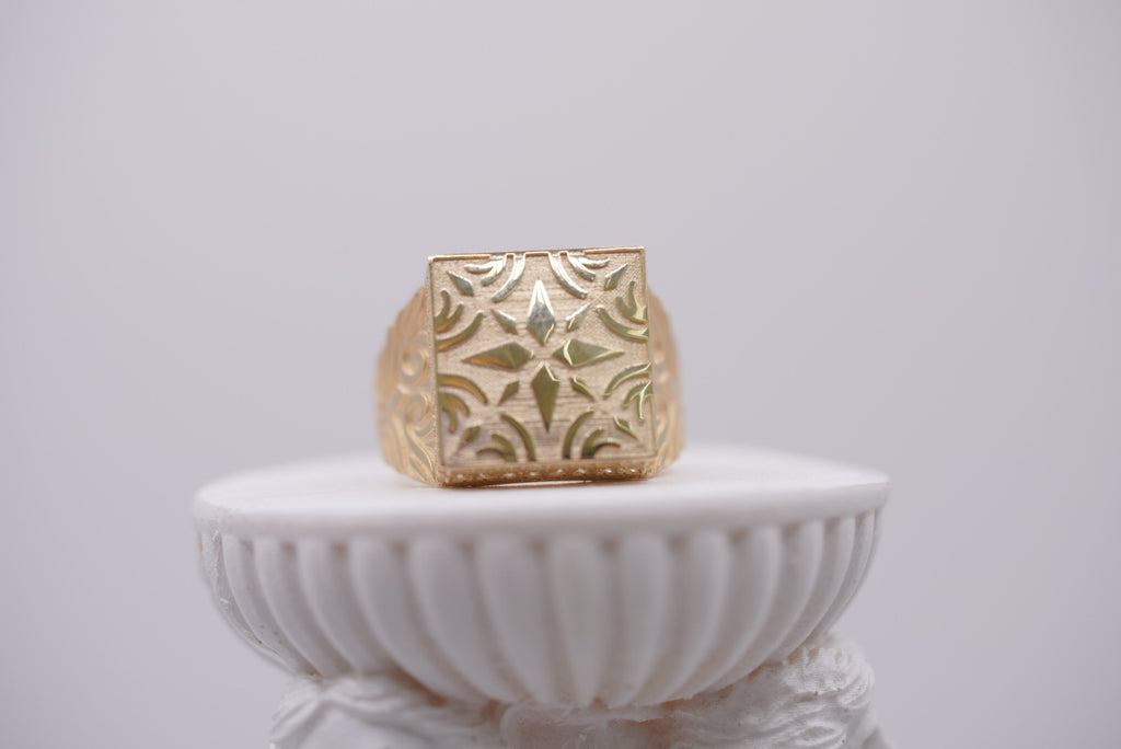 10k Gold Square Signet Ring with Filigree Detail
