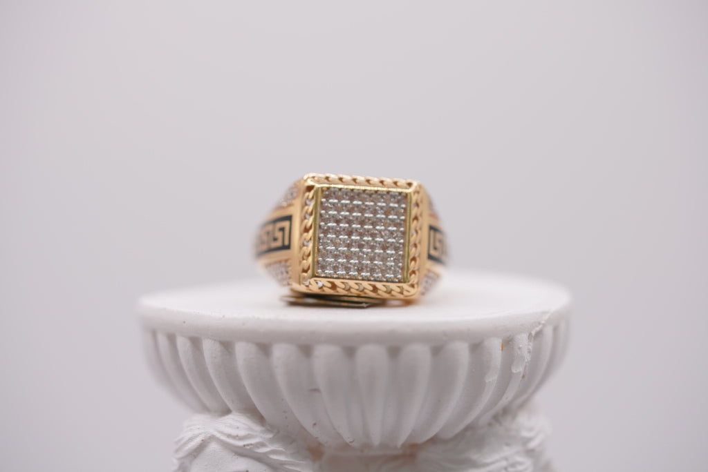 14k Gold Iced Out Greek Key Signet Ring