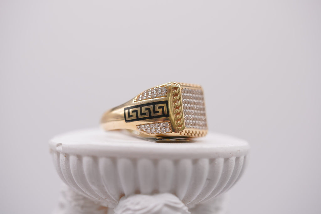 14k Gold Iced Out Greek Key Signet Ring