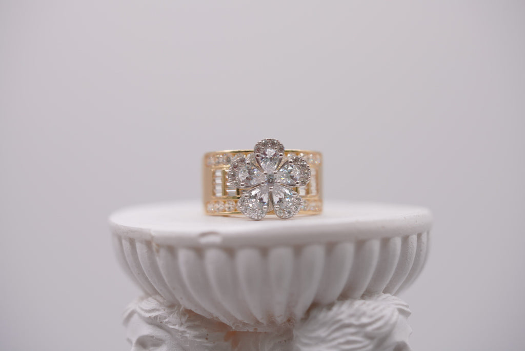14k Two-Tone Gold Flower Cluster Ring with Baguette Accents