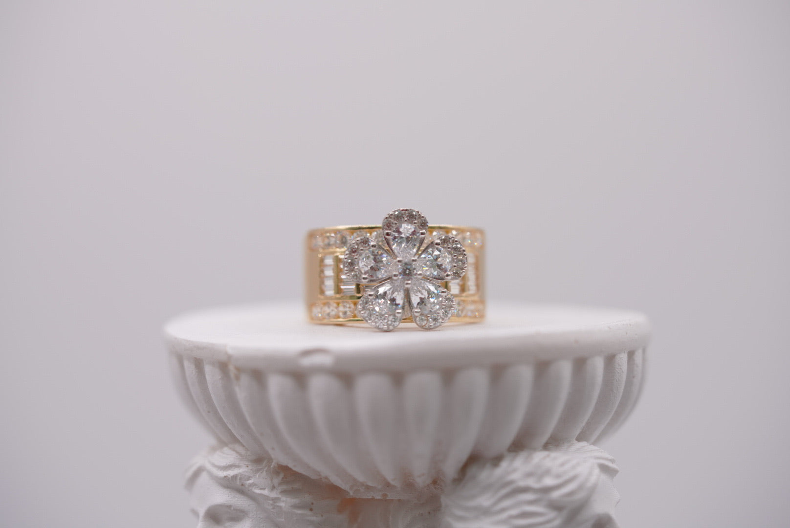 14k Two-Tone Gold Flower Cluster Ring with Baguette Accents