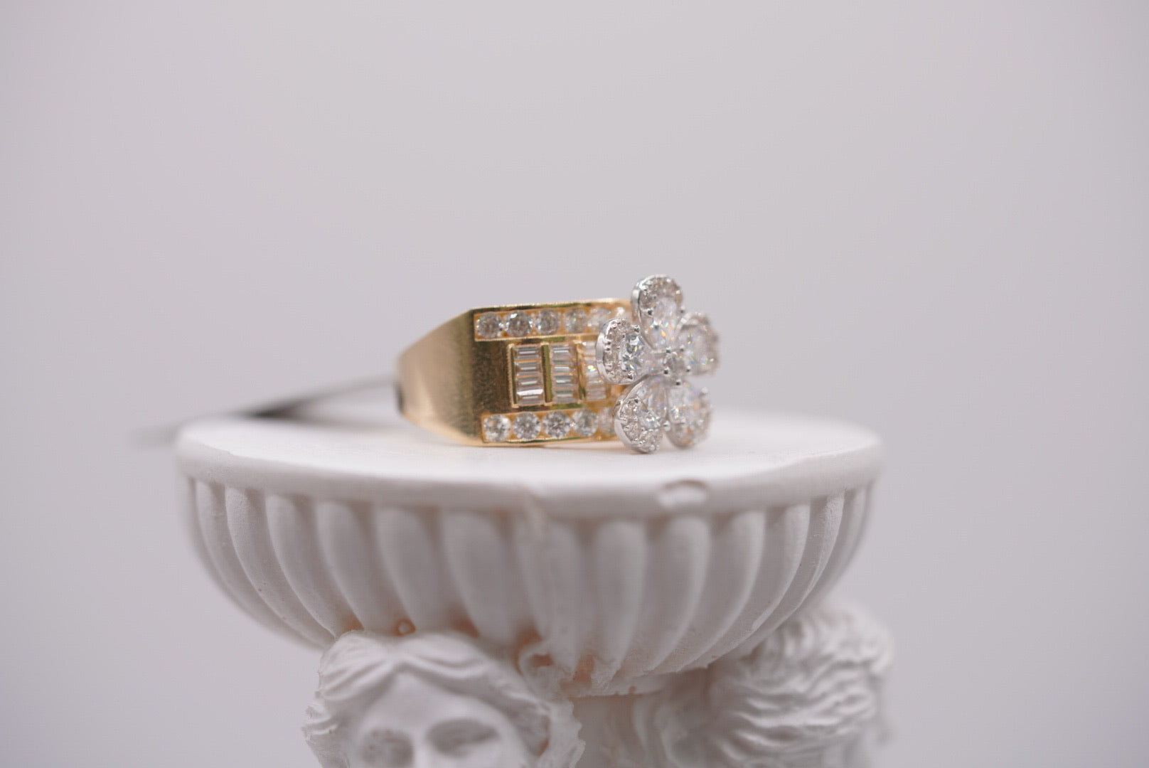 14k Two-Tone Gold Flower Cluster Ring with Baguette Accents