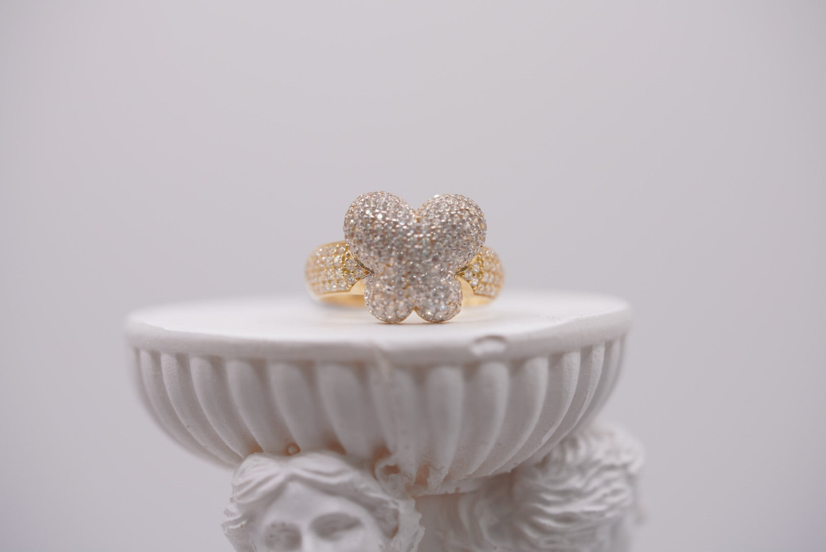 14k Gold Pave Set Puff Heart/Clover Cluster Ring