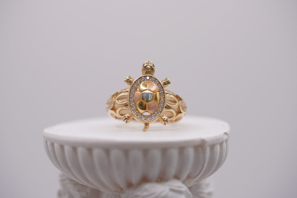 10k Tri-Tone Gold Turtle Ring with Pavé Accent