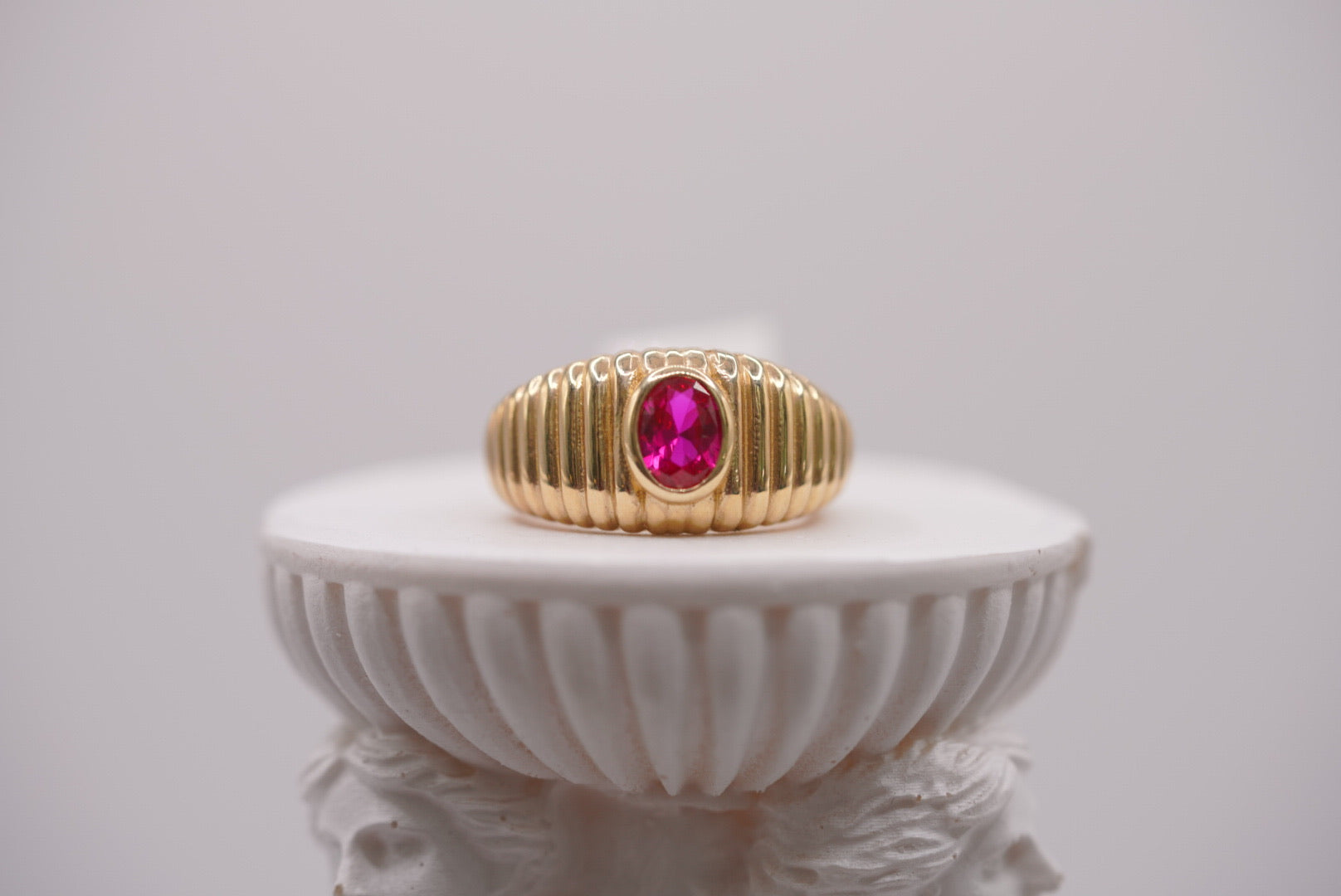 10k Gold Classic Fluted Domed Ring with Ruby Accent