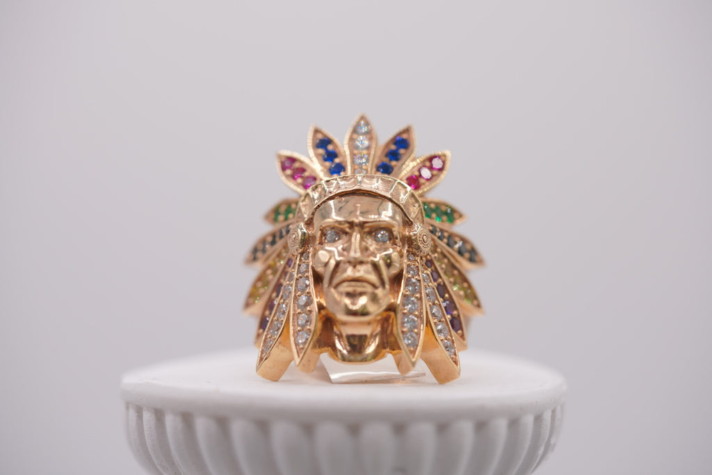 10k Gold Multi-Gemstone Native American Chief Head Ring