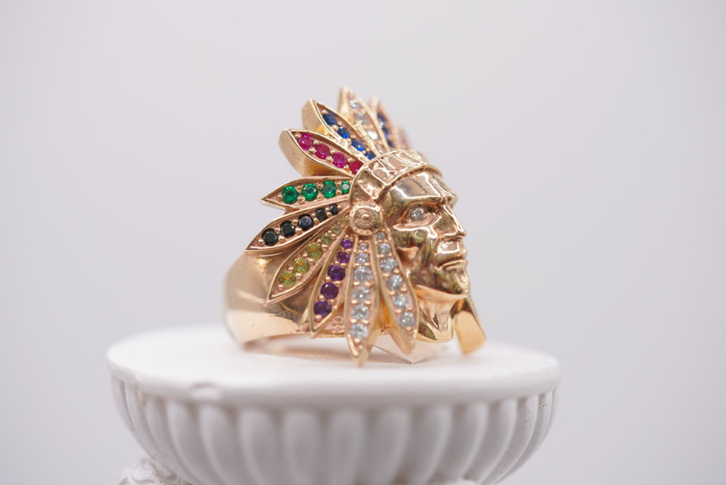 10k Gold Multi-Gemstone Native American Chief Head Ring