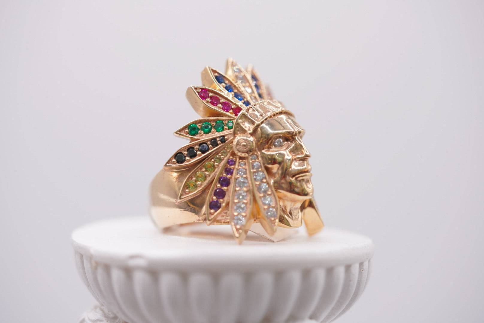 10k Gold Multi-Gemstone Native American Chief Head Ring