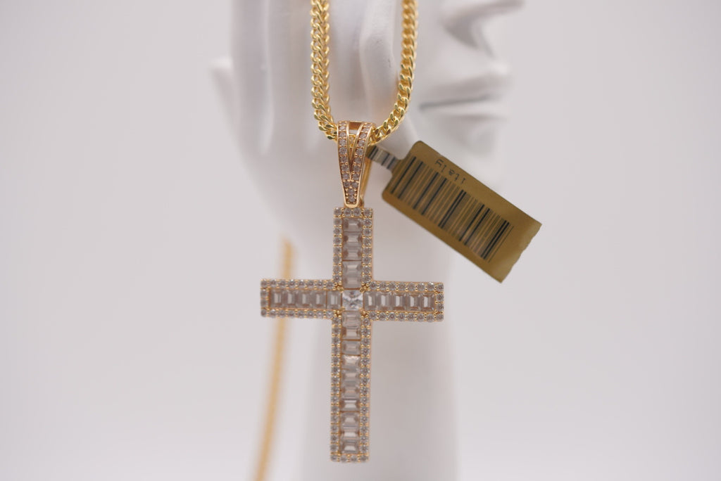 14K Gold Baguette Diamond Cross Pendant