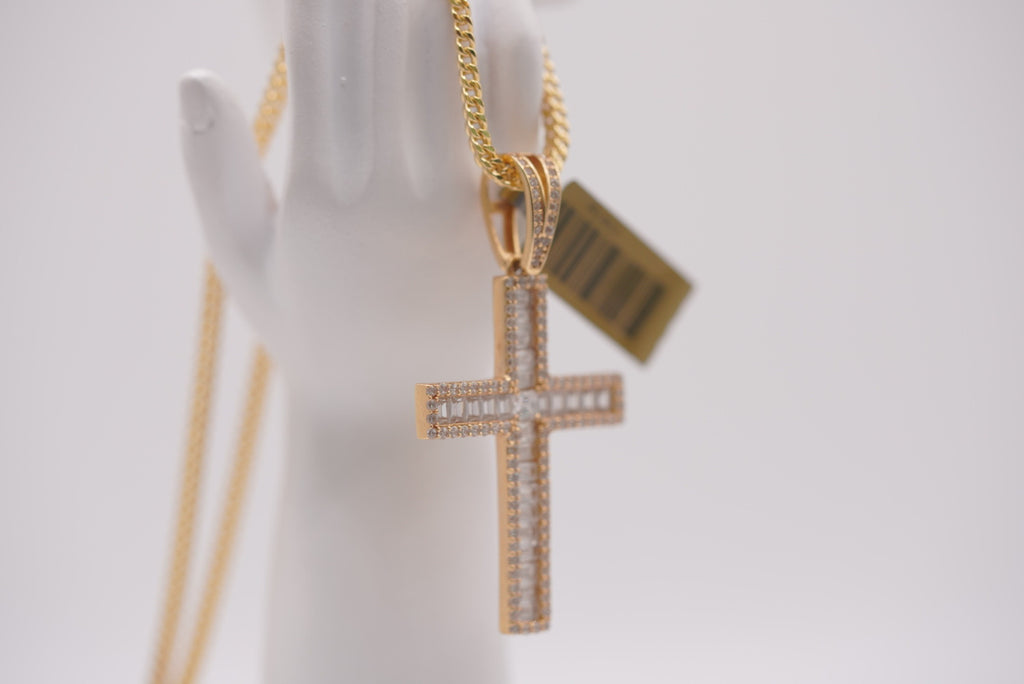 14K Gold Baguette Diamond Cross Pendant