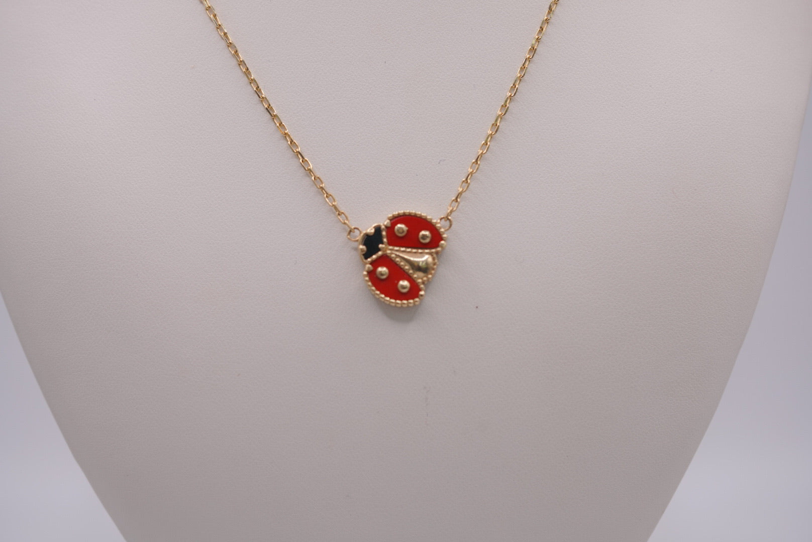 14K Gold and Red Enamel Ladybug Pendant Necklace