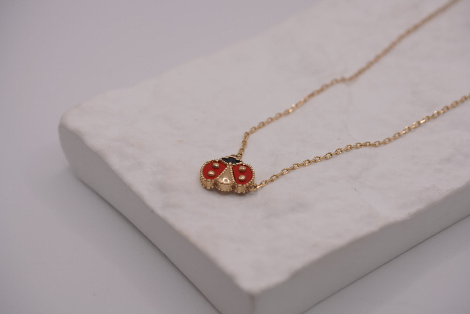 14K Gold and Red Enamel Ladybug Pendant Necklace