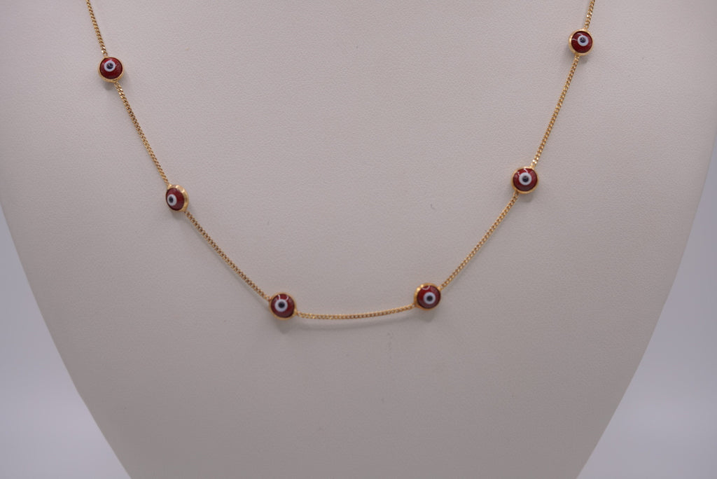 14K Gold Red Evil Eye Station Necklace