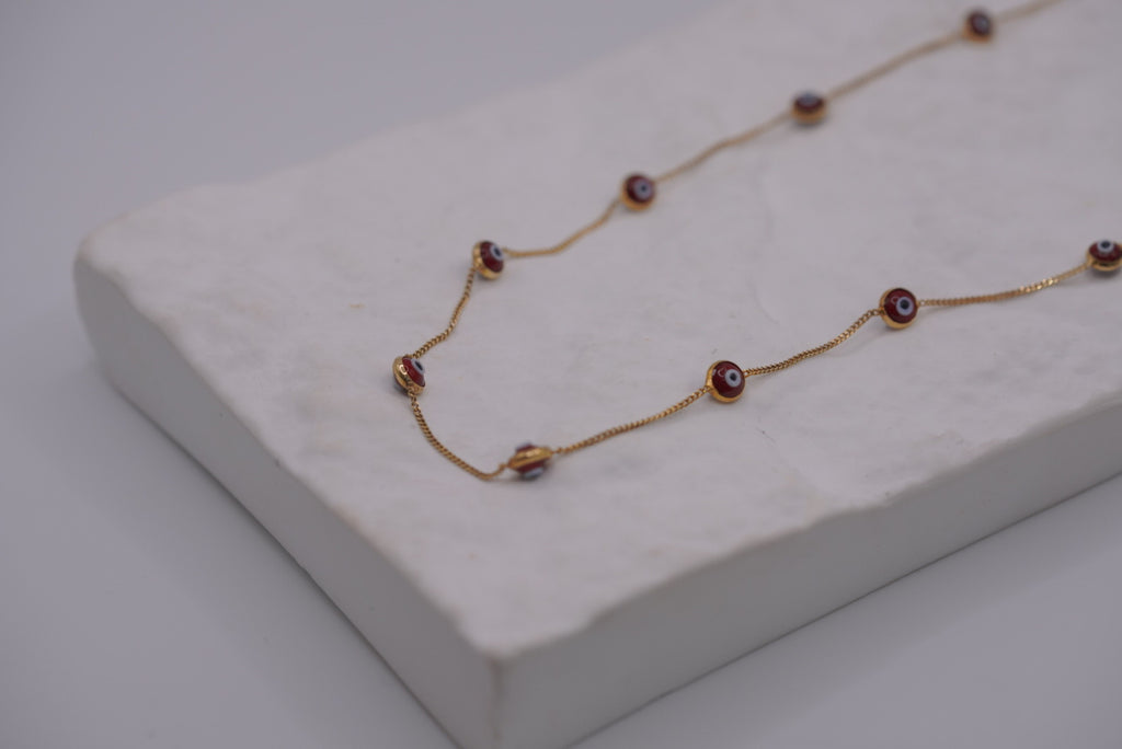 14K Gold Red Evil Eye Station Necklace