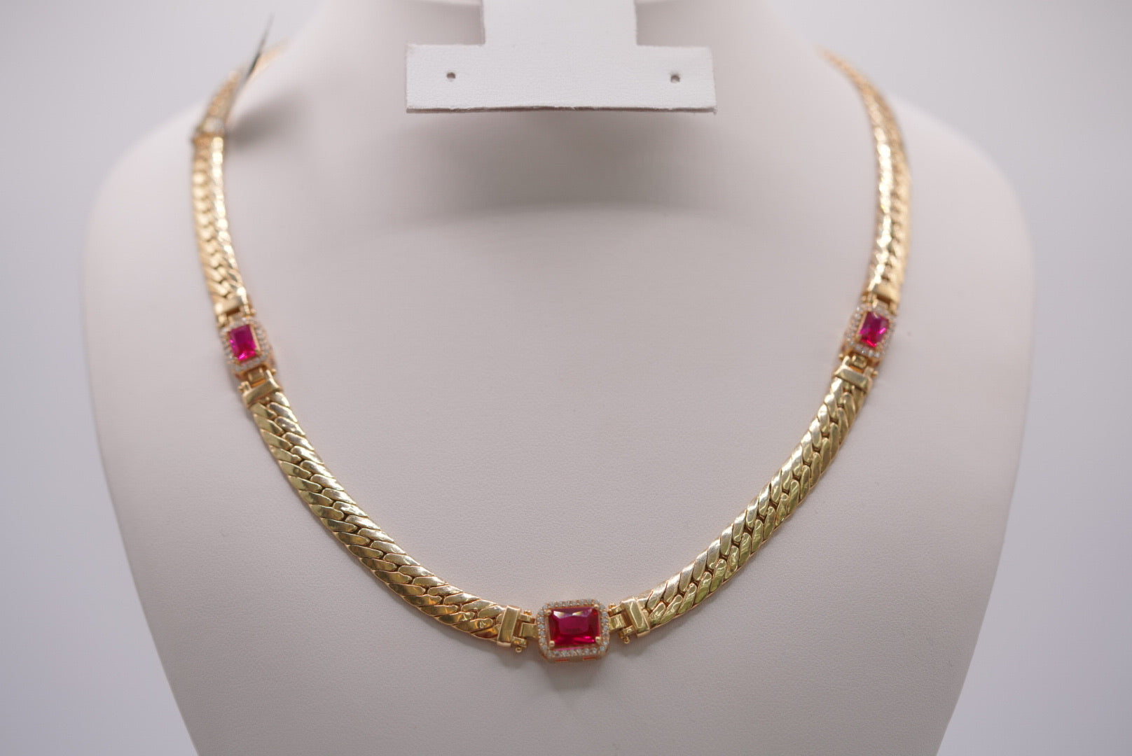 14K Gold Herringbone Statement Necklace with Vivid Gem Accents